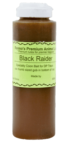 Renno's Black Raider DP Bait by Renno's Premium Animal Lure: a raccoon trapping bait with a white cap.