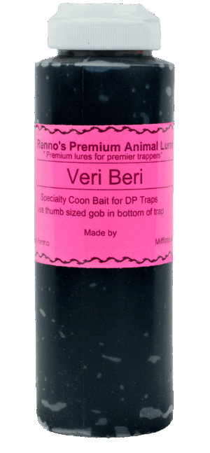 Black bottle with pink label for Renno's Veri Beri DP Bait, ideal for traps; use thumb-sized amount.