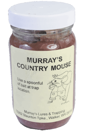 Jar of "Murray's Country Mouse Bait" for traps with illustration and instructions, perfect for ground mice.