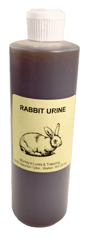 A tall bottle labeled "Murray's Rabbit Urine with Antifreeze" features a rabbit sketch and Murray's Lures & Trapping info.