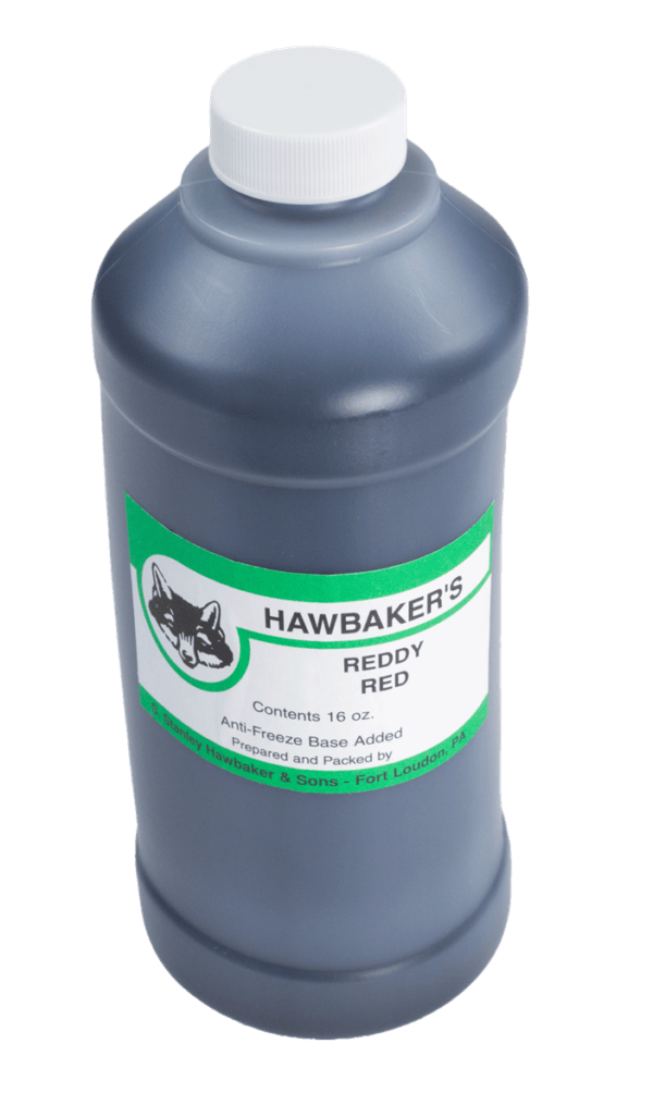 16 oz bottle of Hawbaker's Reddy Red Fortified Fox Urine with antifreeze base for enhanced effectiveness.