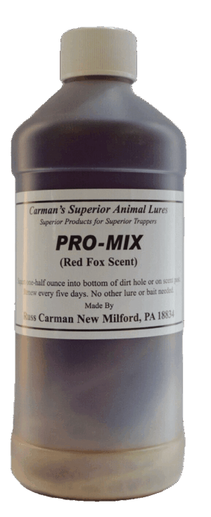 Bottle labeled "Carman's Pro-Mix Red Fox Scent 16oz." with instructions and maker details.