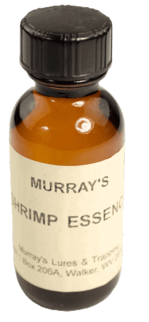 A brown bottle with a black cap labeled "Shrimp Essence Oil," ideal as a trapping lure, is displayed.