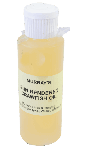 A bottle labeled "Sun Rendered Crawfish Oil" with a white cap contains yellow coon oil.