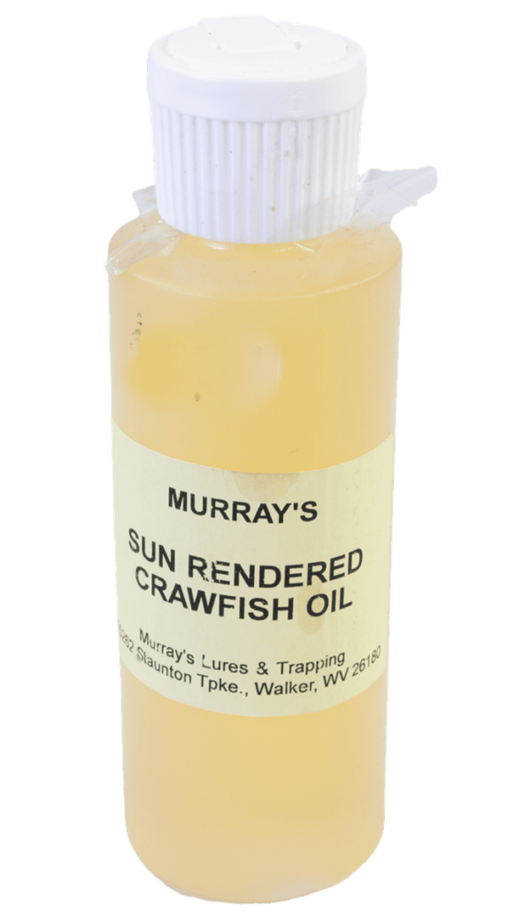 A bottle labeled "Sun Rendered Crawfish Oil" with a white cap contains yellow coon oil.