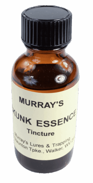 A small brown bottle of Murray's Skunk Essence Tincture is the top trapping essence from Walker, WV.