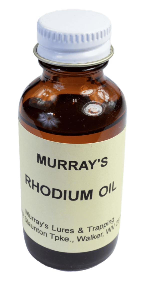 A small brown glass bottle called "Murray's Rhodium Essence Oil" with a white cap, infused with mint essence.