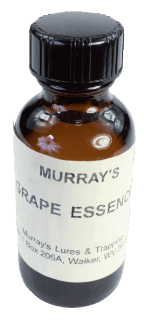 A small brown glass bottle labeled "Murray's Grape Essence Oil" with a black screw cap, infused with rich grape oil.