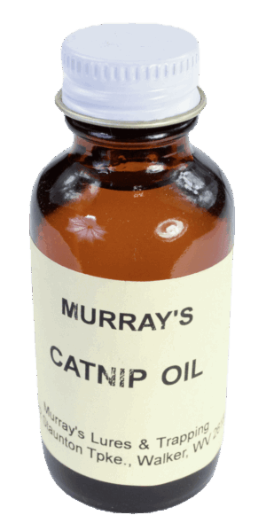 Brown glass bottle of Murray's Catnip Oil, an essential oil with a white cap, ideal for attracting cats.