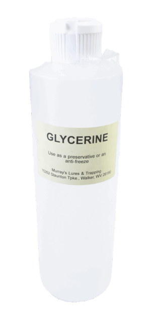 White bottle of Glycerine, sourced from Murray's Lures & Trapping, Walker, WV; often used as trapline antifreeze.