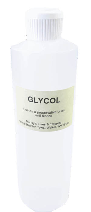 White bottle labeled "Glycol," used as antifreeze preservative, address included.