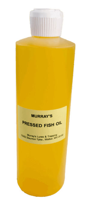 Yellow Murray's Pressed Fish Oil bottle, trapping oil with white cap and label, Walker, WV.