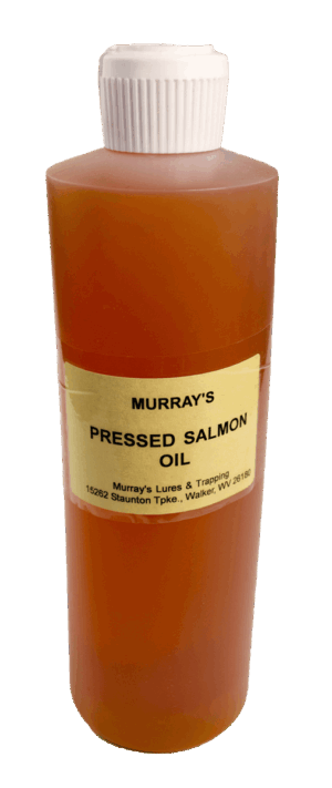 Murray's Pressed Salmon Oil in a white-capped bottle with Murray's Lures & Trapping contact info.