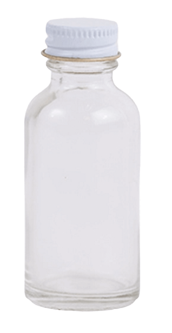 1 Ounce Boston Round Bottles with a white screw cap, standing upright.