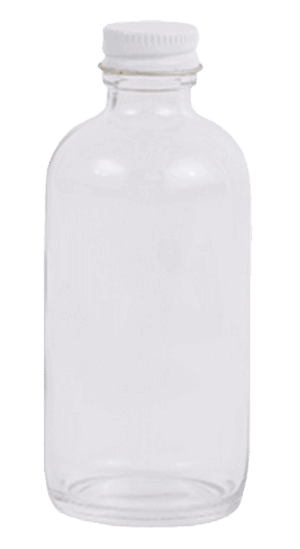Clear 4 oz Boston Round Bottle with white screw cap, upright on plain backdrop.