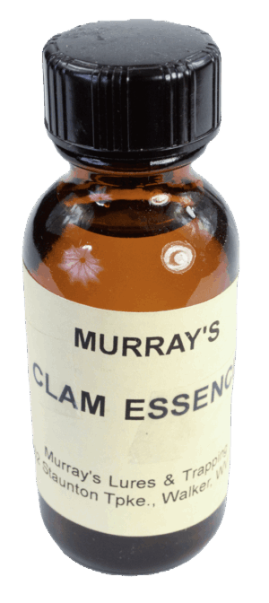 A small brown glass bottle labeled "Murray's Clam Essence Oil," including contact info for Murray's Lures & Trapping Supplies.