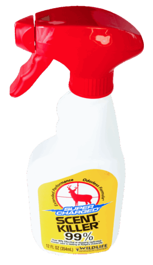 Red-triggered bottle with yellow label: Wildlife Research Scent Killer Super Charged, 99% Cover.