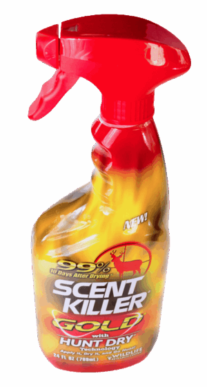 Scent Killer Gold Spray with Hunt Dry, red nozzle, yellow-orange label, 24 fl oz.