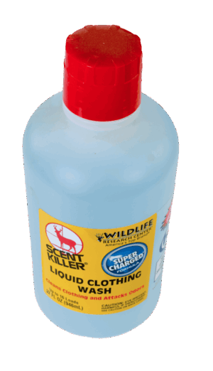 An 18 oz Scent Killer Liquid Clothing Wash bottle with a red cap, expertly eliminates odors.