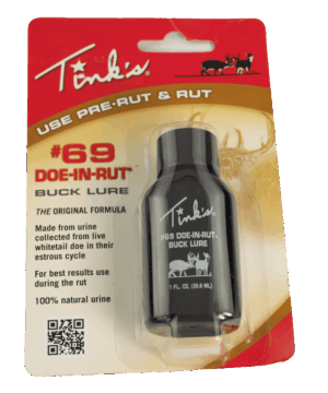 Tink's® #69 Doe-in-Rut® Buck Lure in red/white packaging, features 1 fl oz bottle with claims on front.