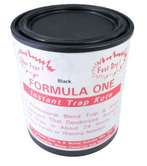 A can of odor-free, fast-dry "Formula One Instant Trap Kote" black trap dip.