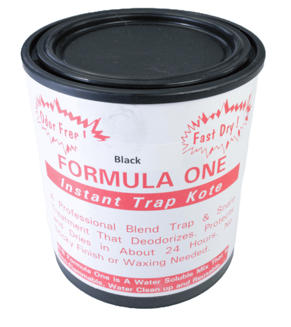 A can of odor-free, fast-dry "Formula One Instant Trap Kote" black trap dip.