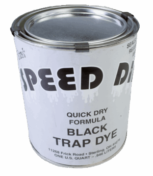 A can of "Andy Stoe's Speed Dip" Black Trap Dye displays contact info and capacity on the front.