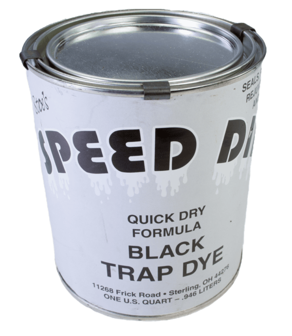 A can of "Andy Stoe's Speed Dip" Black Trap Dye displays contact info and capacity on the front.