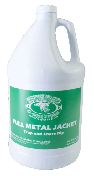 A gallon jug labeled "Full Metal Jacket Trap & Snare Dip" with trap wax graphics and green and white safety instructions.