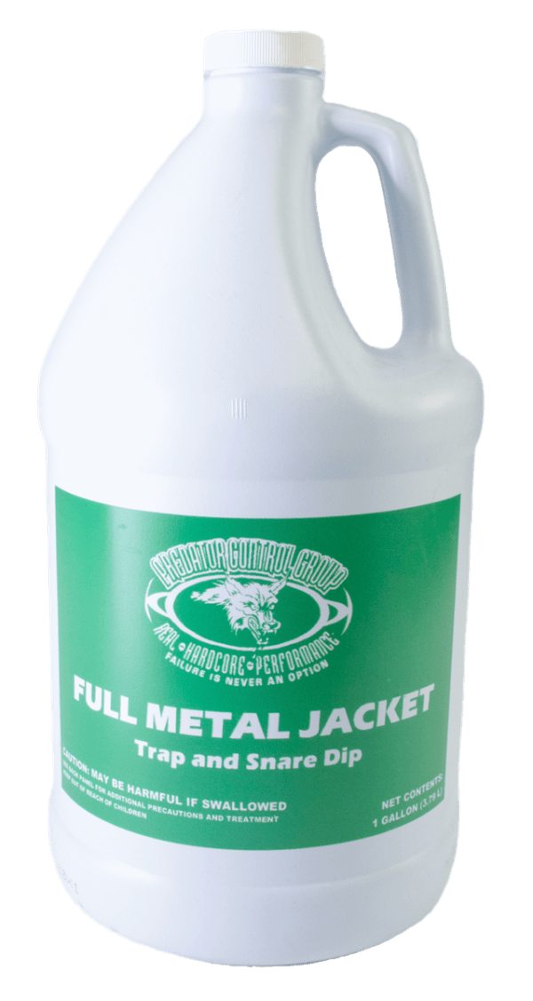 A gallon jug labeled "Full Metal Jacket Trap & Snare Dip" with trap wax graphics and green and white safety instructions.
