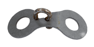 The Double Stake Swivels feature a rusty metal shackle link with two oval holes and a central U-shaped connection.