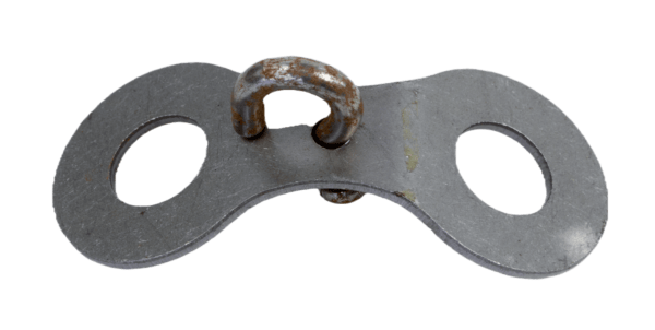 The Double Stake Swivels feature a rusty metal shackle link with two oval holes and a central U-shaped connection.