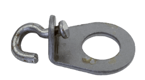 Heavy Duty Single Stake Swivel: Metal D-shape buckle with circular base, trap stake swivel, and large hole on the plate.