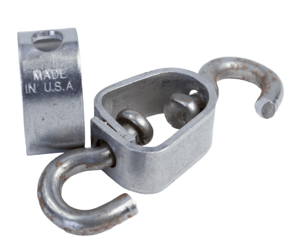 The Heavy Duty Universal Swivel, a set of two metallic interconnected swivels marked "Made in U.S.A.," on a white background.