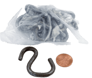 A bag of #6 S-Hooks next to one hook and a U.S. penny for scale.