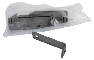 A steel L-bracket and Drowner Locks are in a clear plastic bag on a white surface.
