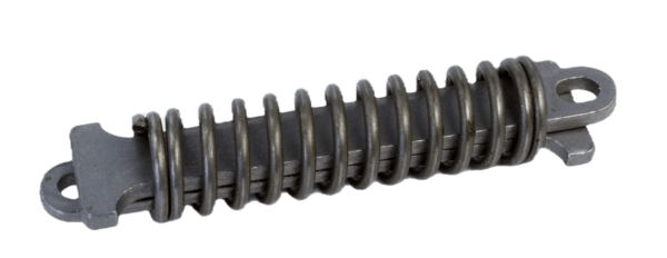 T-Bar Shock Spring: Coiled metal spring with hooks on both ends for tension or compression in mechanical assemblies.
