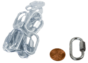 Plastic-wrapped Quick Links - 1/8 Inch, trap hardware, and a penny on a white background.