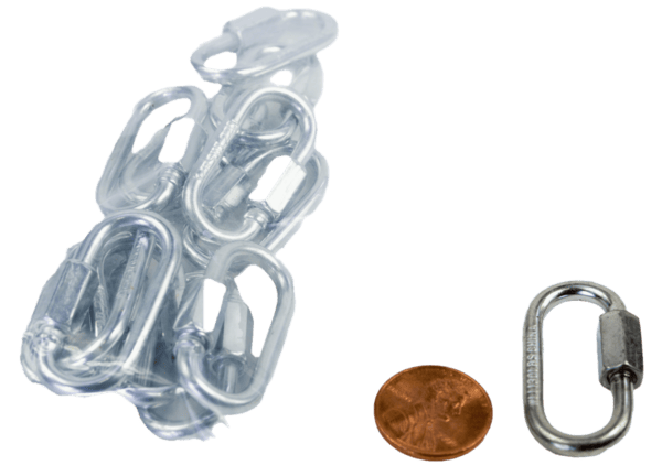 Plastic-wrapped Quick Links - 1/8 Inch, trap hardware, and a penny on a white background.