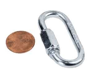 A 3/16 inch silver Quick Link beside a copper penny on a white background.