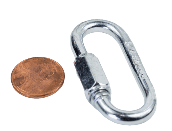 A 3/16 inch silver Quick Link beside a copper penny on a white background.