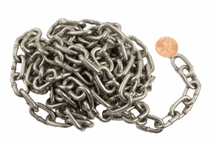 #2 Heavy Duty Straight Link Chains by a penny for scale on white background.