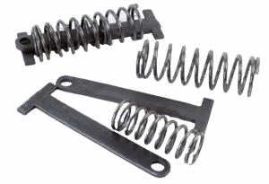 Two metal coil springs with brackets and a Sleepy Creek In-Line Spring on a plain background.