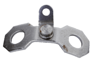Metal bracket with two hexagonal ends, three holes, central hinge, slight rust marks: Sleepy Creek 360 Double Stake Swivels.