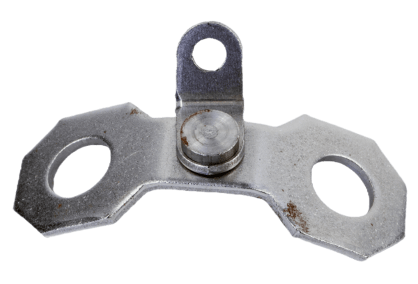 Metal bracket with two hexagonal ends, three holes, central hinge, slight rust marks: Sleepy Creek 360 Double Stake Swivels.