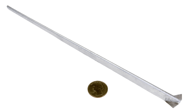 A Tail Splitting Guide, resembling a long metal nail, is placed diagonally beside a coin on a white background for size comparison.