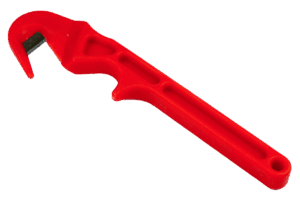 Red plastic pipe wrench with metal jaw for gripping and turning pipes, similar to Murray's E-Z Kut Tool.