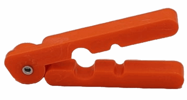 The Plastic Tail Puller is an ergonomic tool with a curved orange plastic blade for efficient cutting.