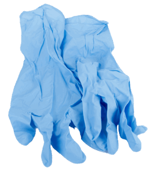 Crumpled blue nitrile gloves rest on a white background.
