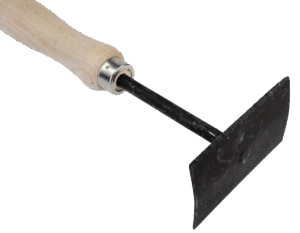 A One-Handed Serrated Pelt Scraper with a wooden handle and black metal blade.